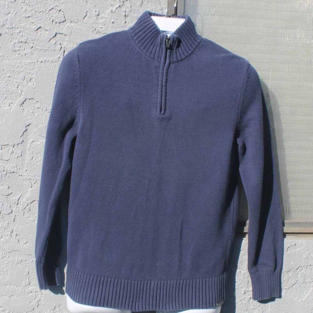 Eddie Bauer Navy Blue Knit Sweater Men Size Small Collared 1/4 Zip Heavy Weight
